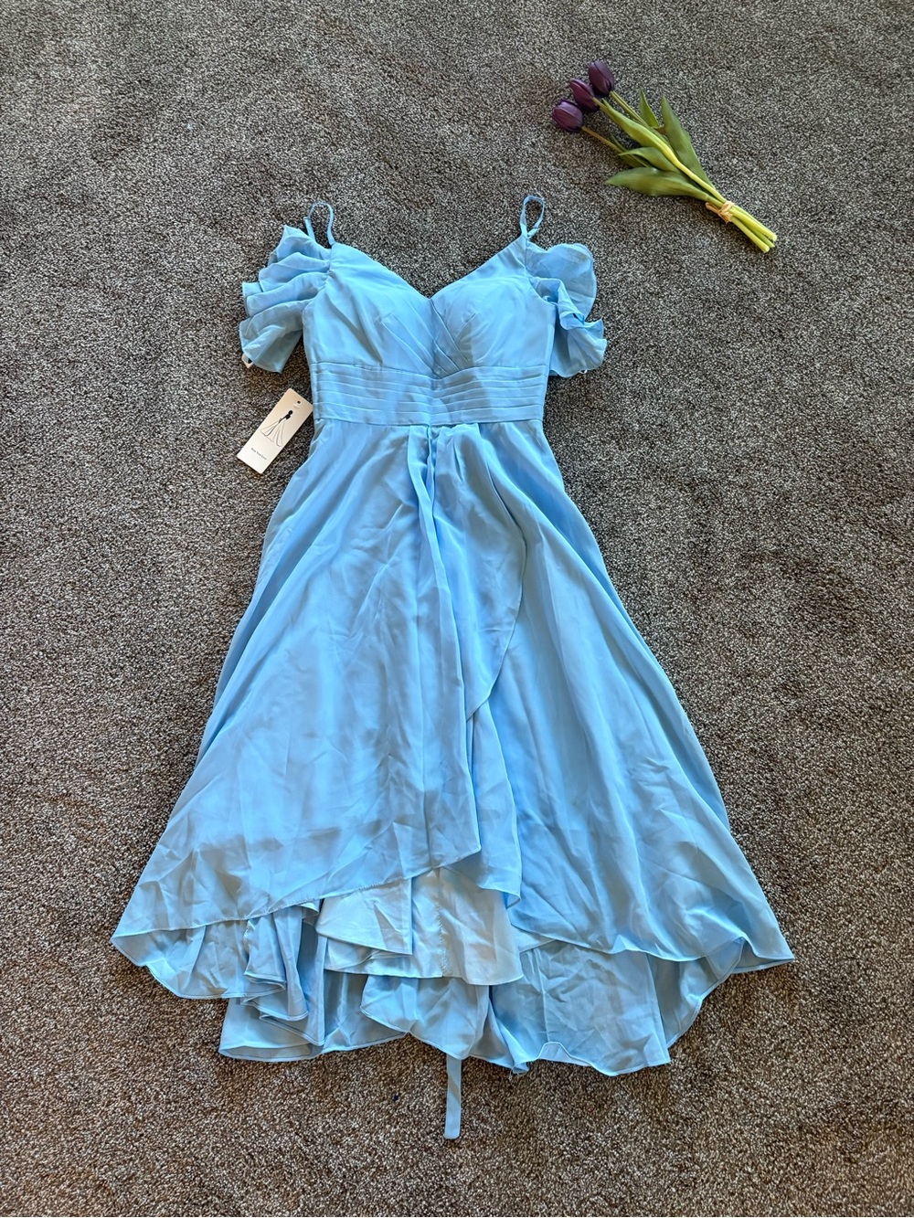 Light Blue Ruffle Cold-Shoulder Midi Dress - Picture 4 of 8